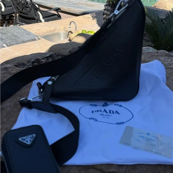 Genuine vegan leather PRADA Black triangle Sling Bag with detachable Logo mini - Picture 9 of 13